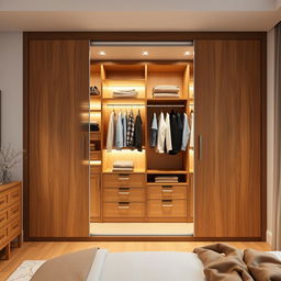 A beautifully designed modern closet, measuring 320 cm by 300 cm, featuring sleek sliding doors, luxurious wood finish, and ample storage space