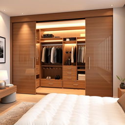 A beautifully designed modern closet, measuring 320 cm by 300 cm, featuring sleek sliding doors, luxurious wood finish, and ample storage space