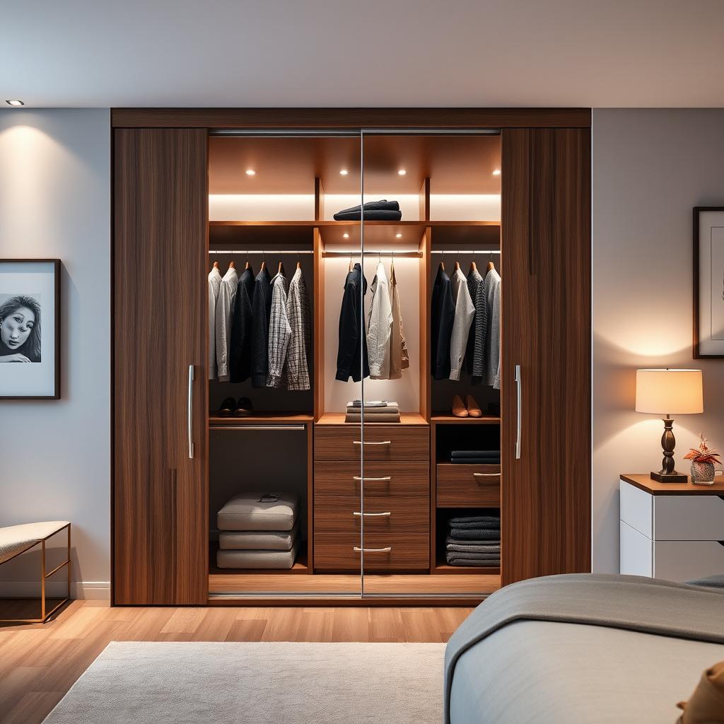 A beautifully designed modern closet, measuring 320 cm by 300 cm, featuring sleek sliding doors, luxurious wood finish, and ample storage space