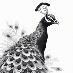 A distinct black and white image of a peacock, skillfully drawn using a pen