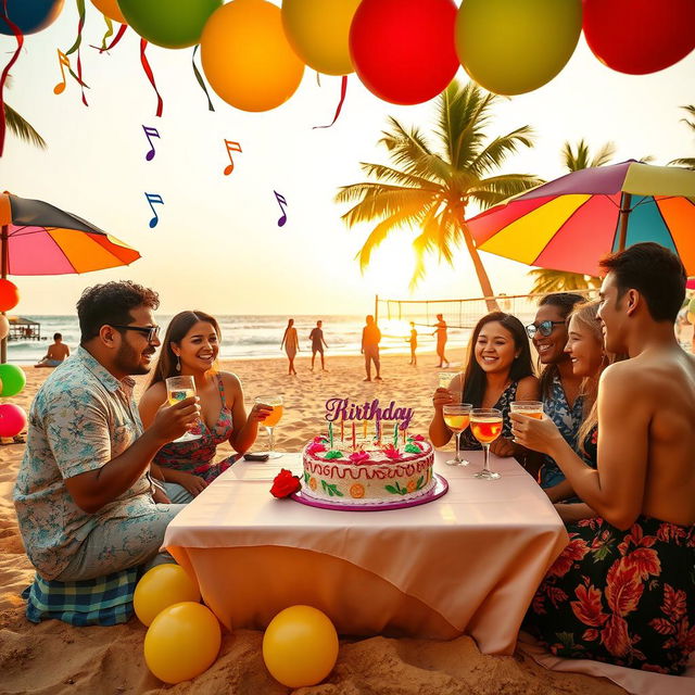 A vibrant birthday celebration in Goa, featuring a picturesque beach setting with golden sand and turquoise waters