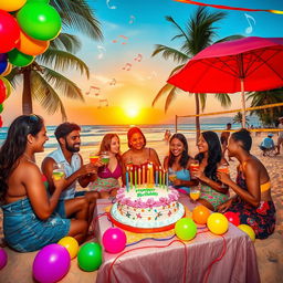 A vibrant birthday celebration in Goa, featuring a picturesque beach setting with golden sand and turquoise waters