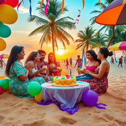 A vibrant birthday celebration in Goa, featuring a picturesque beach setting with golden sand and turquoise waters