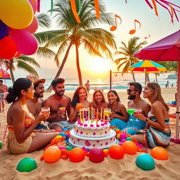 A vibrant birthday celebration in Goa, featuring a picturesque beach setting with golden sand and turquoise waters
