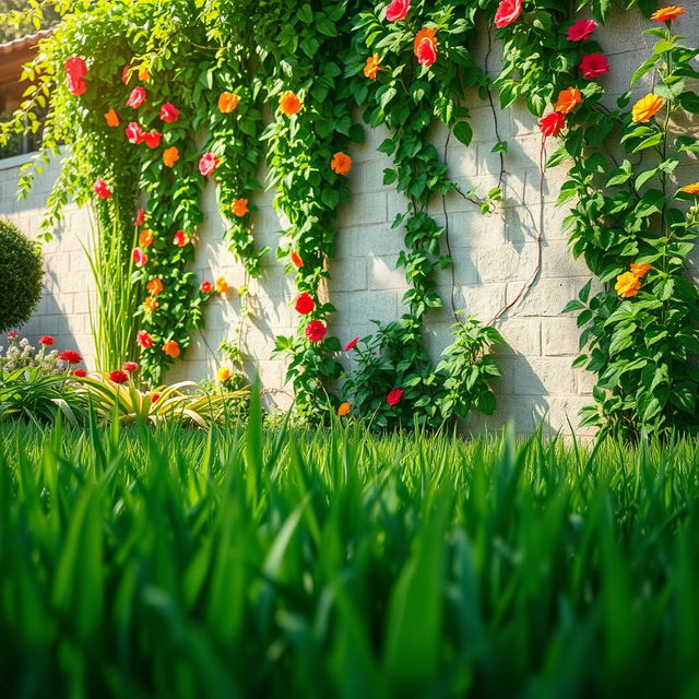 A vibrant scene depicting a serene garden with lush green grass at the forefront, adding depth and color to the landscape