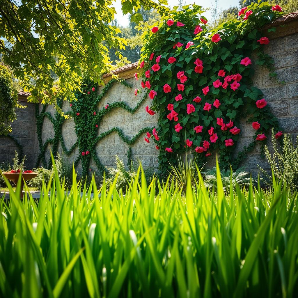 A vibrant scene depicting a serene garden with lush green grass at the forefront, adding depth and color to the landscape