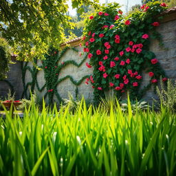 A vibrant scene depicting a serene garden with lush green grass at the forefront, adding depth and color to the landscape