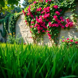 A vibrant scene depicting a serene garden with lush green grass at the forefront, adding depth and color to the landscape