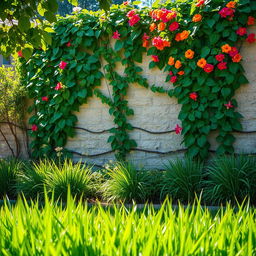 A vibrant scene depicting a serene garden with lush green grass at the forefront, adding depth and color to the landscape
