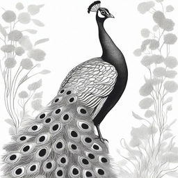 A distinct black and white image of a peacock, skillfully drawn using a pen