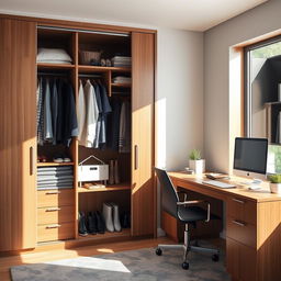 A stylish closet with a wooden finish, featuring a variety of neatly arranged clothes and accessories