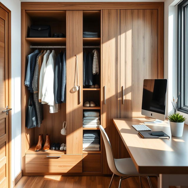 A stylish closet with a wooden finish, featuring a variety of neatly arranged clothes and accessories