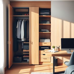 A stylish closet with a wooden finish, featuring a variety of neatly arranged clothes and accessories