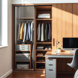 A stylish closet with a wooden finish, featuring a variety of neatly arranged clothes and accessories