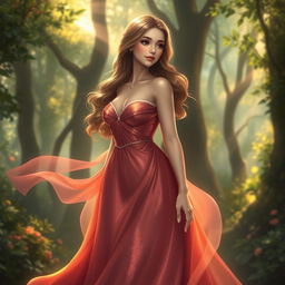 A beautiful female character in an elegant, flowing gown made of shimmering fabric that captures light