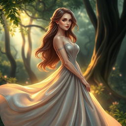 A beautiful female character in an elegant, flowing gown made of shimmering fabric that captures light