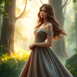 A beautiful female character in an elegant, flowing gown made of shimmering fabric that captures light