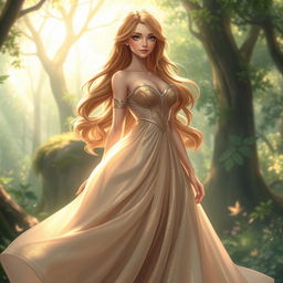 A beautiful female character in an elegant, flowing gown made of shimmering fabric that captures light