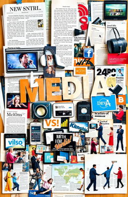 A collage showcasing the integration of different media forms including text, images, audio elements, and video clips