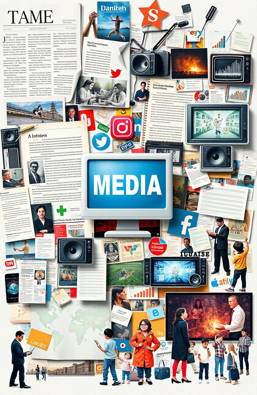 A collage showcasing the integration of different media forms including text, images, audio elements, and video clips