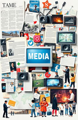 A collage showcasing the integration of different media forms including text, images, audio elements, and video clips