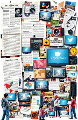 A collage showcasing the integration of different media forms including text, images, audio elements, and video clips