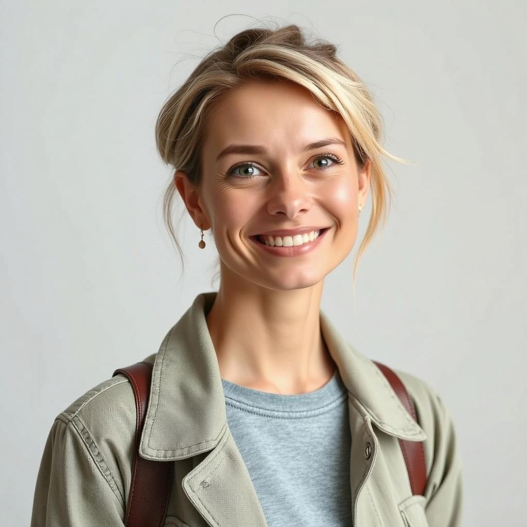 A portrait of a woman with a bright, cheerful smile, standing in front of a plain light background