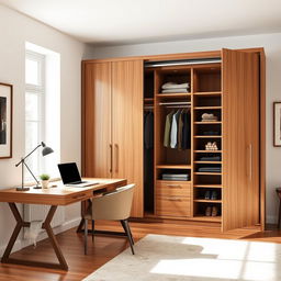A spacious interior design scene featuring a large 320 x 300 cm closet made of high-quality wood with sleek modern lines, open doors displaying organized shelves and hanging space