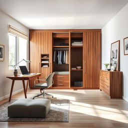 A spacious interior design scene featuring a large 320 x 300 cm closet made of high-quality wood with sleek modern lines, open doors displaying organized shelves and hanging space