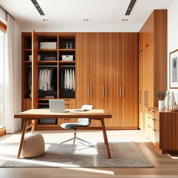 A spacious interior design scene featuring a large 320 x 300 cm closet made of high-quality wood with sleek modern lines, open doors displaying organized shelves and hanging space