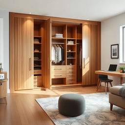 A spacious interior design scene featuring a large 320 x 300 cm closet made of high-quality wood with sleek modern lines, open doors displaying organized shelves and hanging space