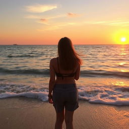 A serene scene of a person gazing at the beautiful sea during a late afternoon just before sunset, with warm golden sunlight illuminating the water