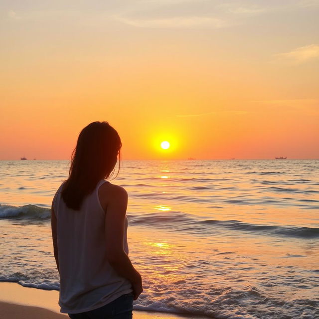 A serene scene of a person gazing at the beautiful sea during a late afternoon just before sunset, with warm golden sunlight illuminating the water