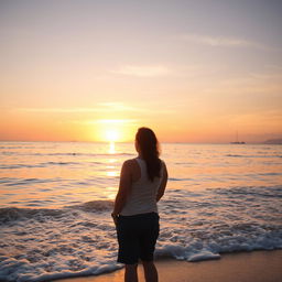 A serene scene of a person gazing at the beautiful sea during a late afternoon just before sunset, with warm golden sunlight illuminating the water