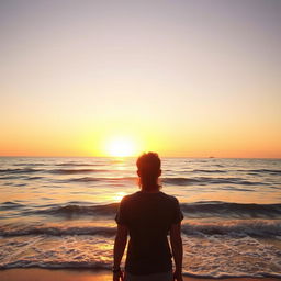 A serene scene of a person gazing at the beautiful sea during a late afternoon just before sunset, with warm golden sunlight illuminating the water