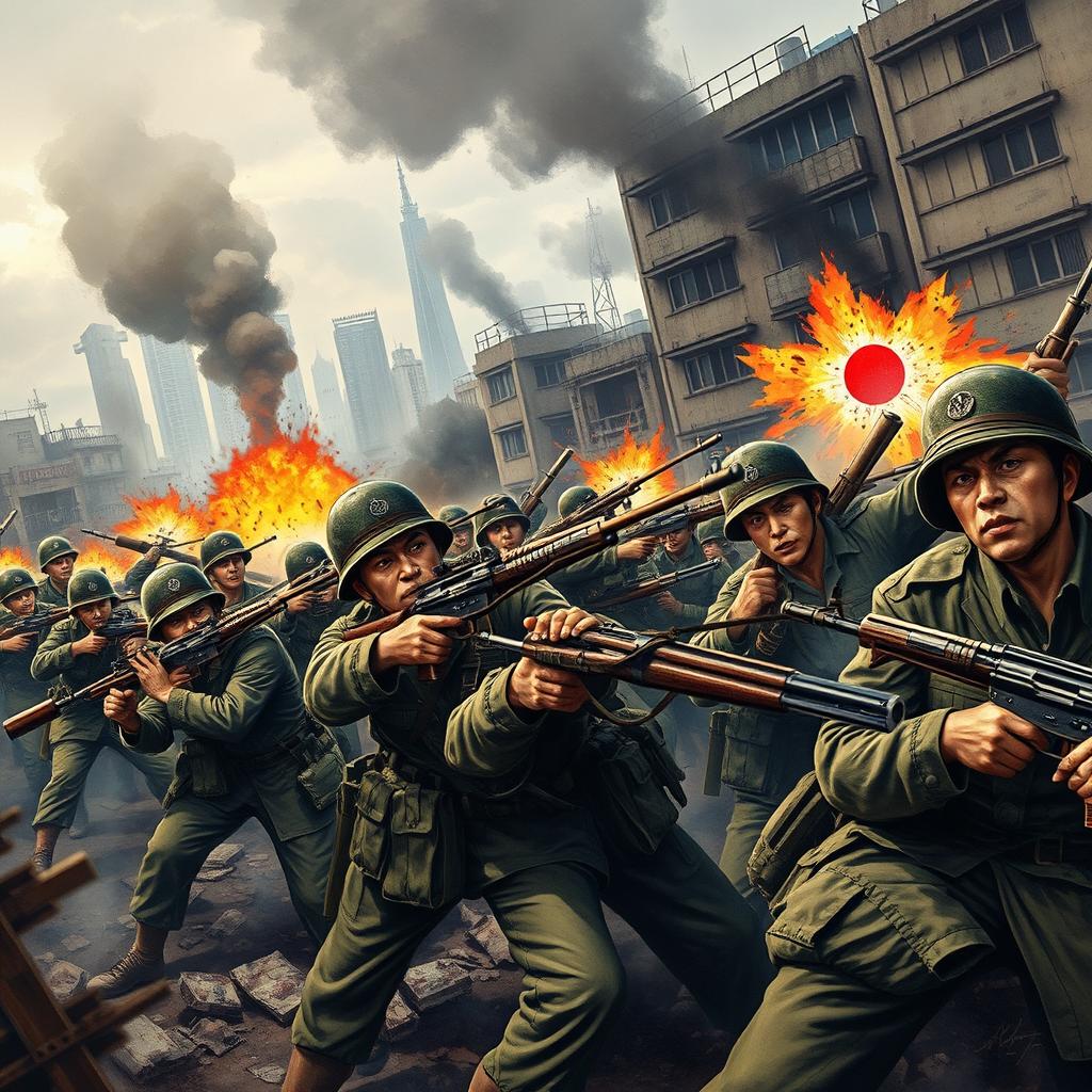 A historical depiction of a dramatic battle scene set in Shanghai, 1945, showcasing Indonesian soldiers fiercely engaging Japanese troops