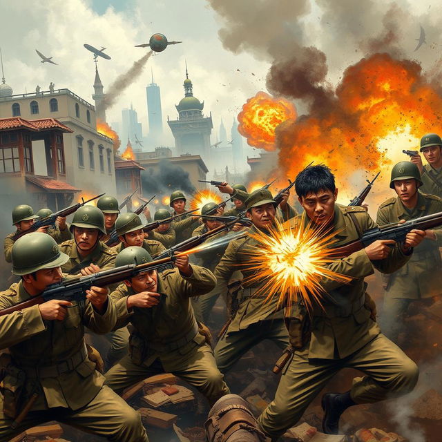 A historical depiction of a dramatic battle scene set in Shanghai, 1945, showcasing Indonesian soldiers fiercely engaging Japanese troops