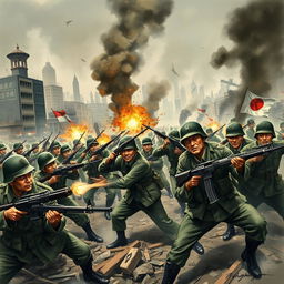 A historical depiction of a dramatic battle scene set in Shanghai, 1945, showcasing Indonesian soldiers fiercely engaging Japanese troops