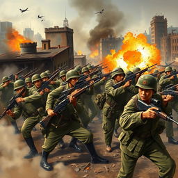 A historical depiction of a dramatic battle scene set in Shanghai, 1945, showcasing Indonesian soldiers fiercely engaging Japanese troops