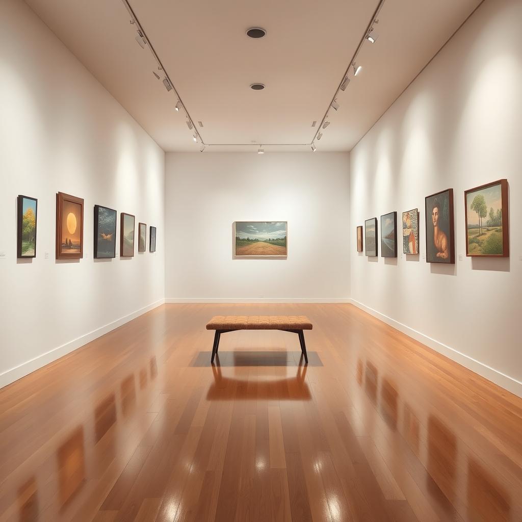 A serene gallery space with clean lines and minimalistic design, showcasing various beautiful artworks on the walls