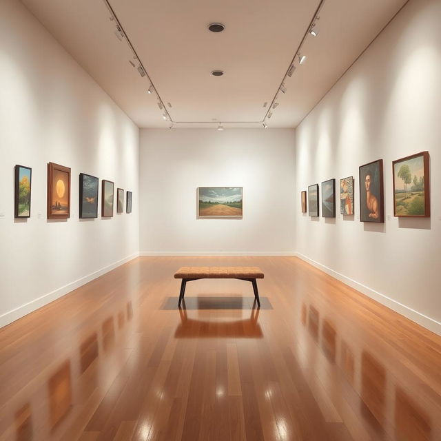 A serene gallery space with clean lines and minimalistic design, showcasing various beautiful artworks on the walls