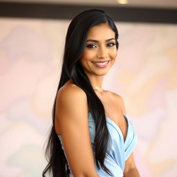 A beautiful woman with long black hair and a sweet smile, wearing an elegant and graceful light blue dress