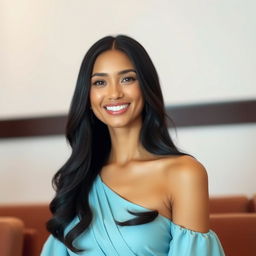 A beautiful woman with long black hair and a sweet smile, wearing an elegant and graceful light blue dress