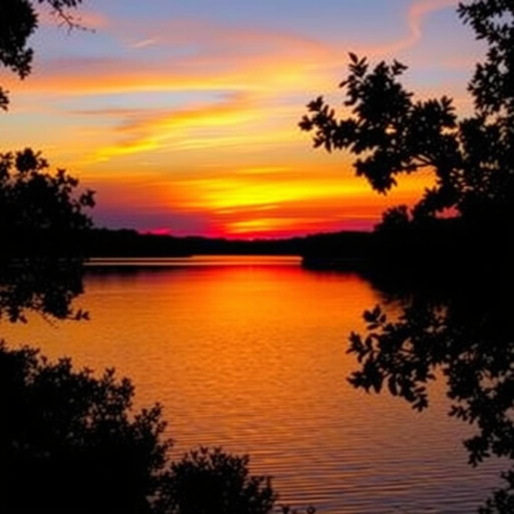 A vibrant sunset landscape over a tranquil lake, reflecting stunning colors of orange, pink, and purple in the sky as the sun dips below the horizon