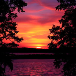 A vibrant sunset landscape over a tranquil lake, reflecting stunning colors of orange, pink, and purple in the sky as the sun dips below the horizon