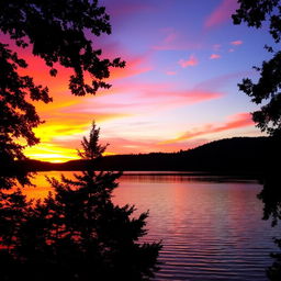 A vibrant sunset landscape over a tranquil lake, reflecting stunning colors of orange, pink, and purple in the sky as the sun dips below the horizon