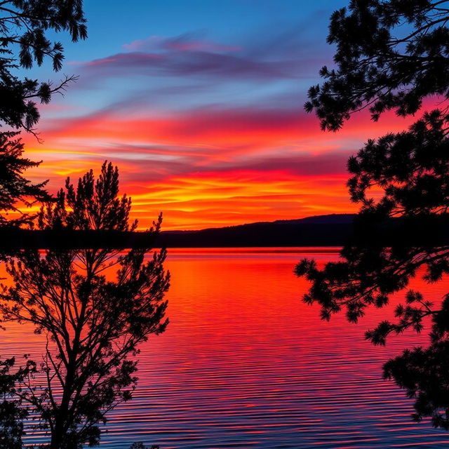 A vibrant sunset landscape over a tranquil lake, reflecting stunning colors of orange, pink, and purple in the sky as the sun dips below the horizon