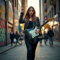 A confident young woman standing on a vibrant urban street, holding a glossy electric guitar in her upper hand