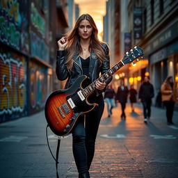 A confident young woman standing on a vibrant urban street, holding a glossy electric guitar in her upper hand