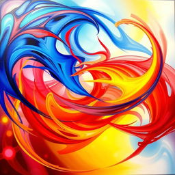 An abstract composition featuring vibrant colors and dynamic shapes, creating a sense of motion and energy